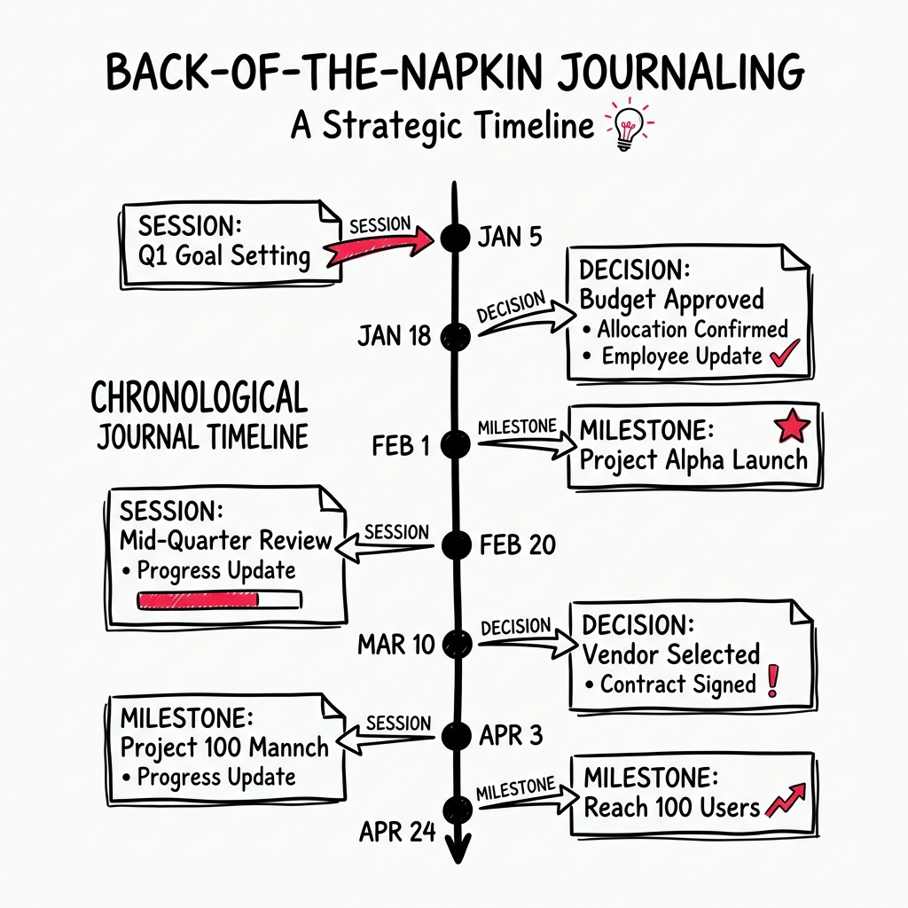 A chronological journal timeline of sessions and decisions