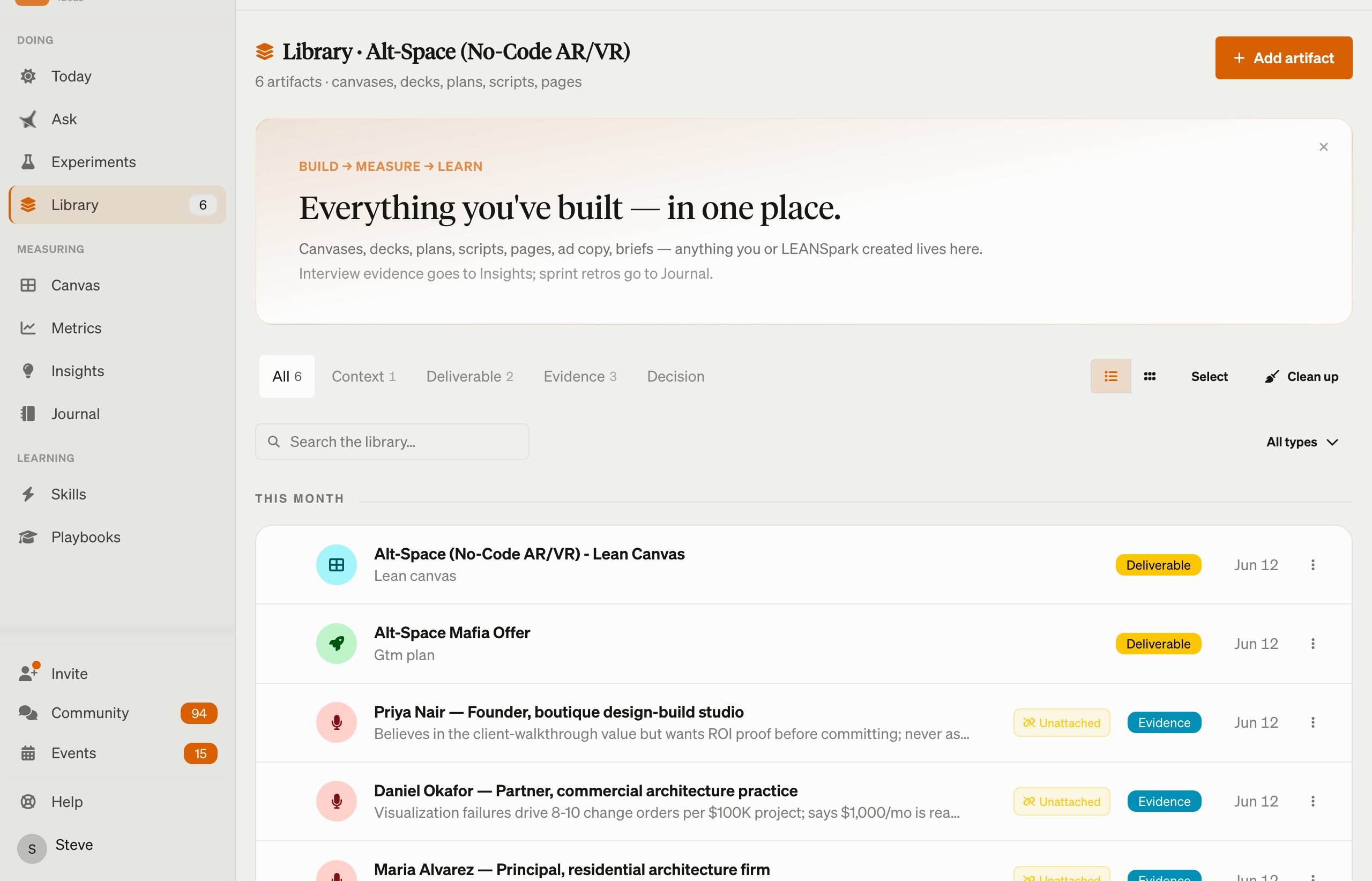The Library with search, filter chips, and artifact cards