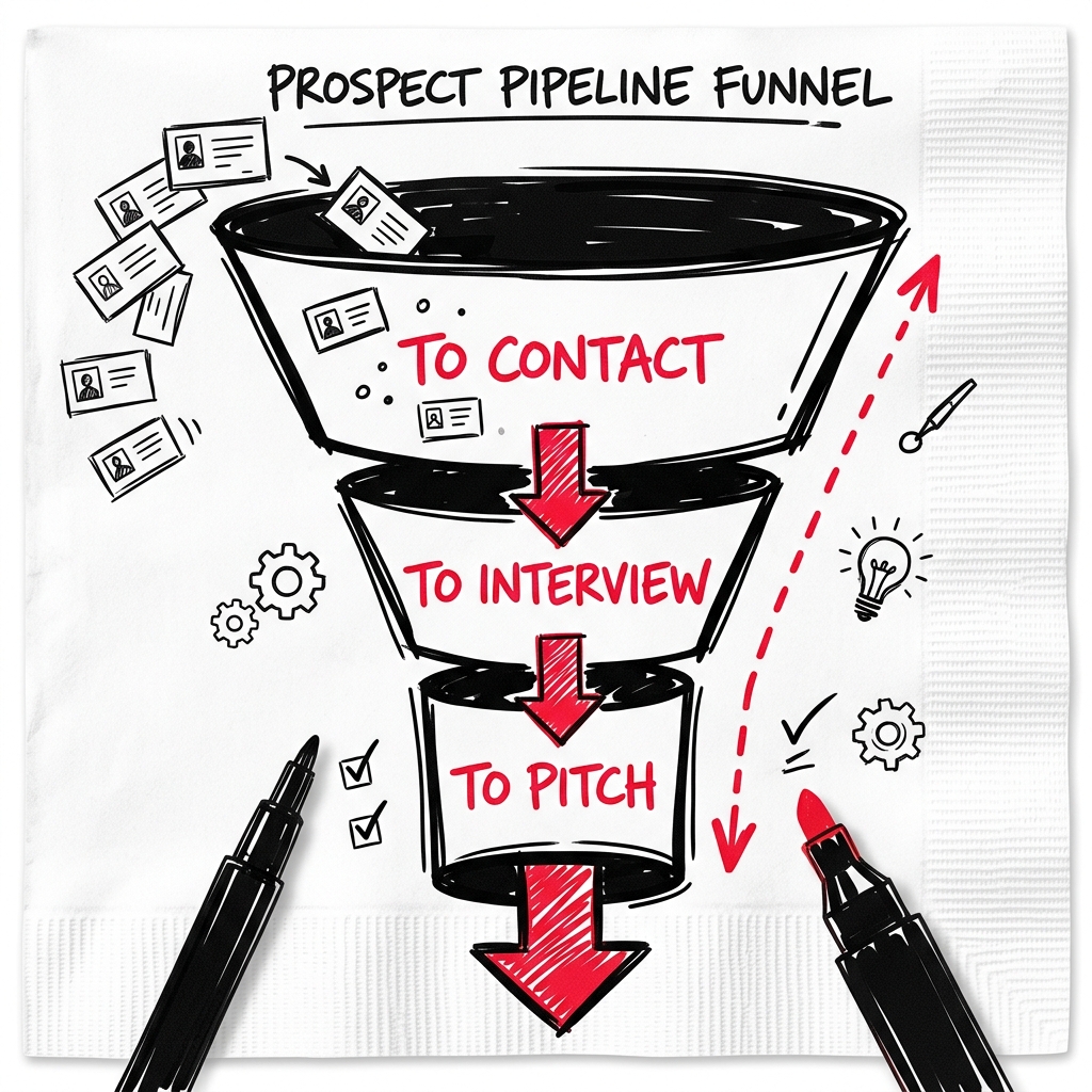 A prospect pipeline funnel of people to interview or pitch