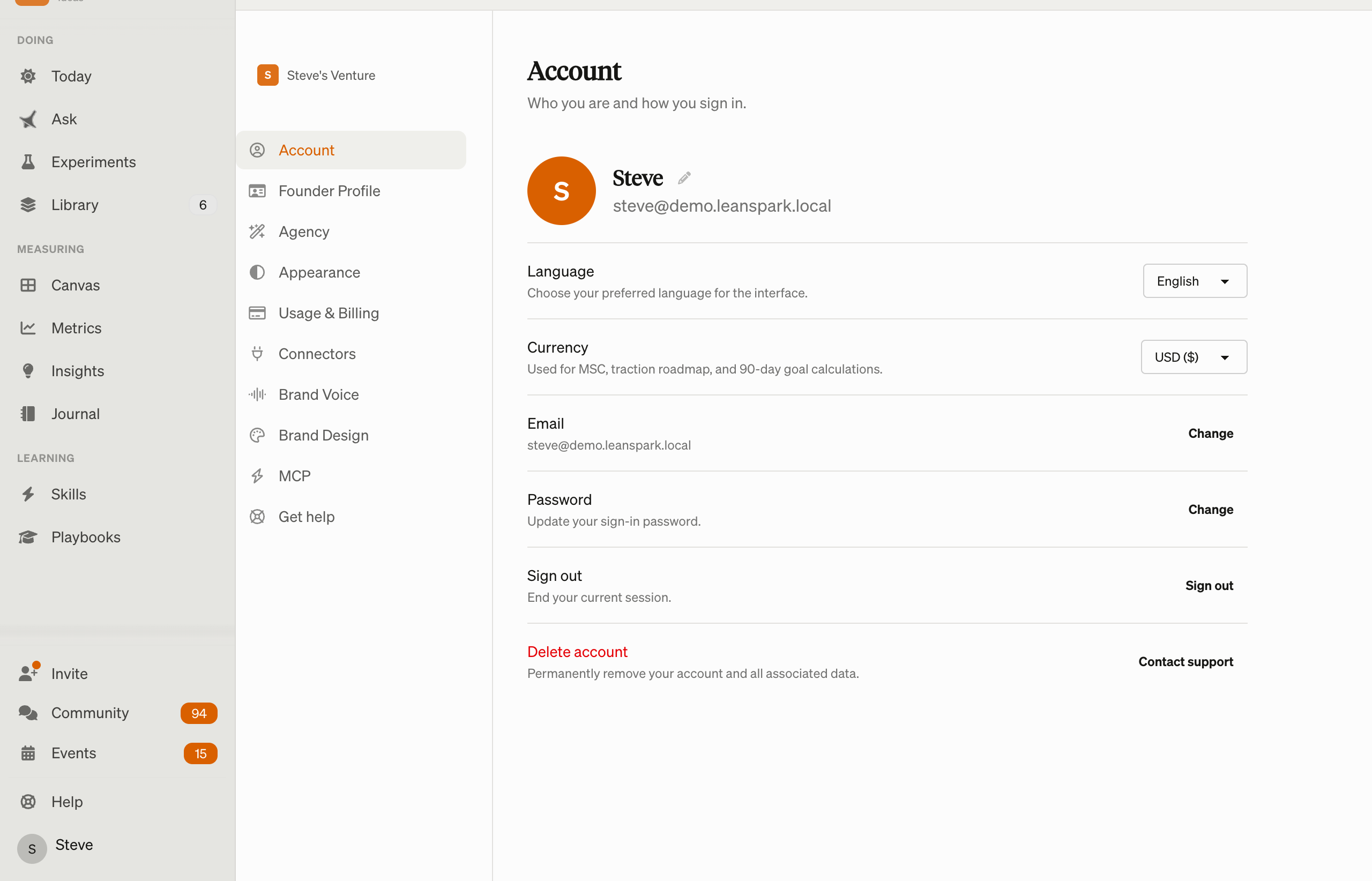 The workspace settings — account, team, and billing